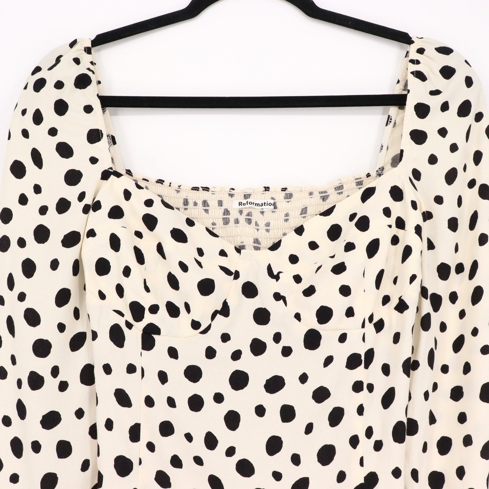 Reformation Reign Ink Blot Polka Dot Top Smocked Back Long Sleeve Blouse Size 8 - Picture 9 of 9